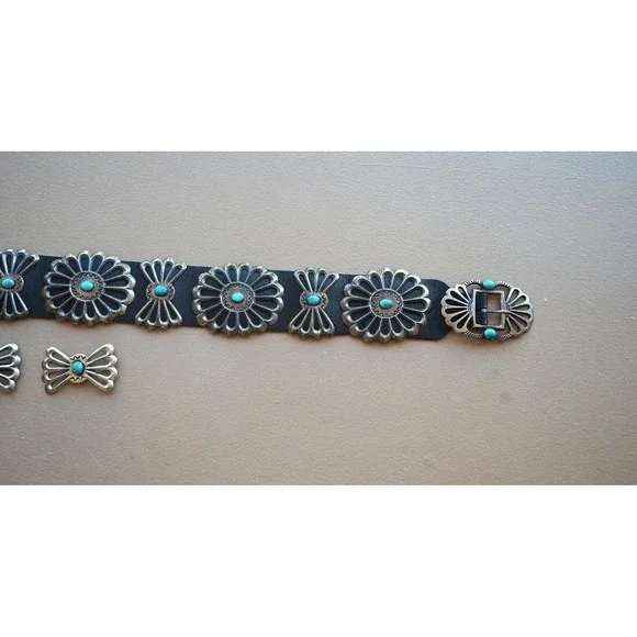 Vintage Louise Morgan Navajo Sterling Silver Sand Cast Turquoise Concho Belt - Picture 8 of 9